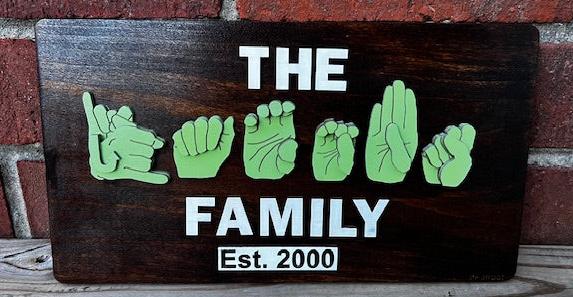 The Family with 3D ASL Year Estalished Name Board